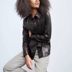 Aritzia Babaton Nouvelle Black Faux Leather Button Up Shirt Size L